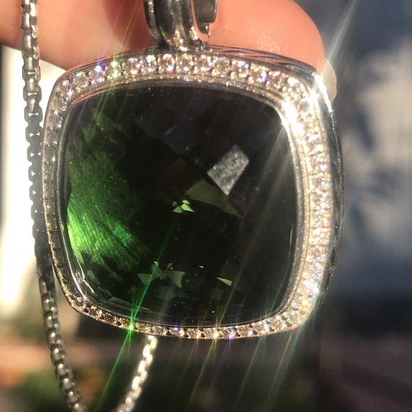 David Yurman 925 Silver Albion 20mm Prasiolite & Diamond Pendant With Chain - Picture 11 of 14